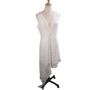 Oyrosy White Floral Lace Asymmetrical High Low V-Neck Sleeveless Dress Large NWT